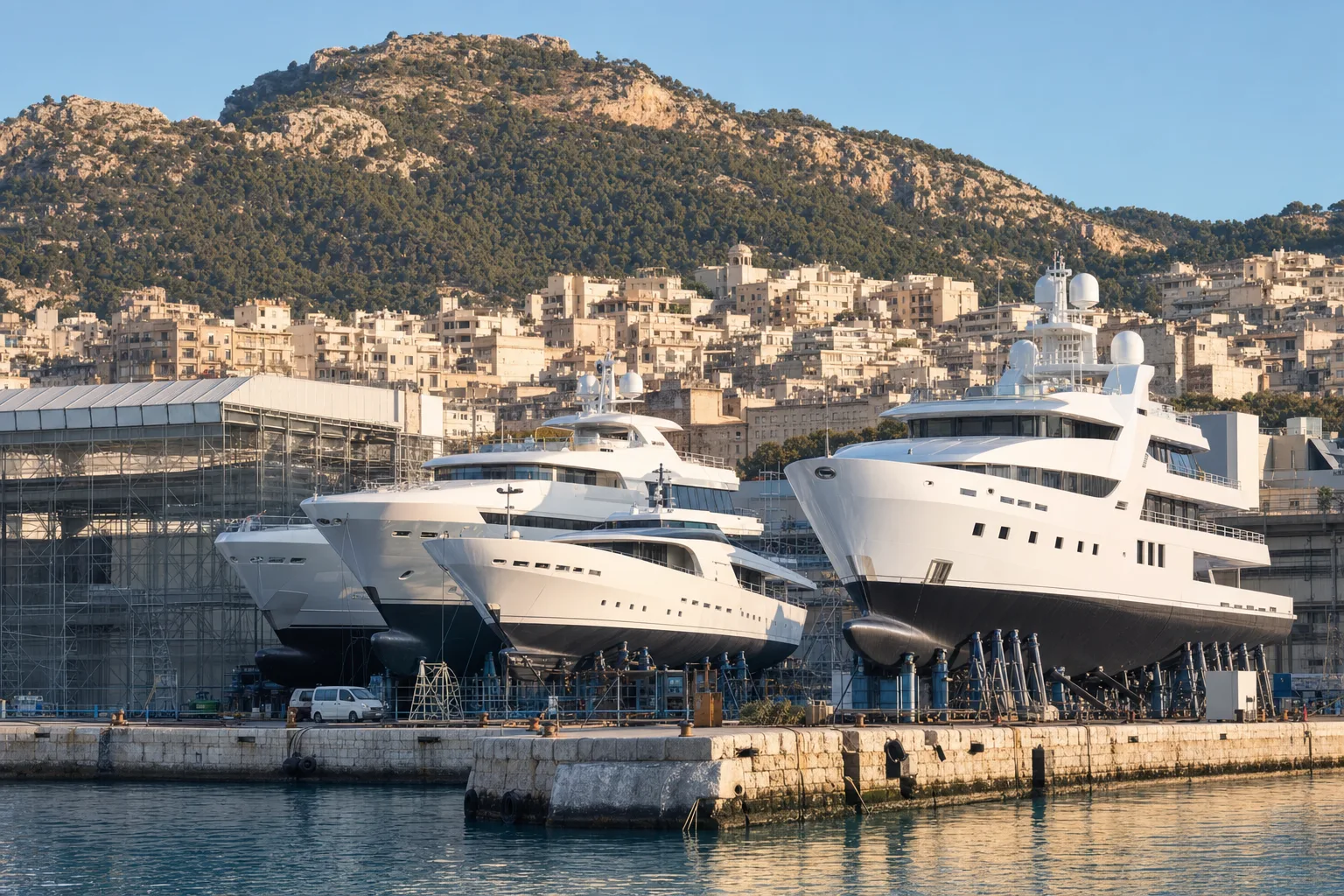 Superyachts on the hard in a Mallorcan refit yard beneath the cathedral hill in winter light